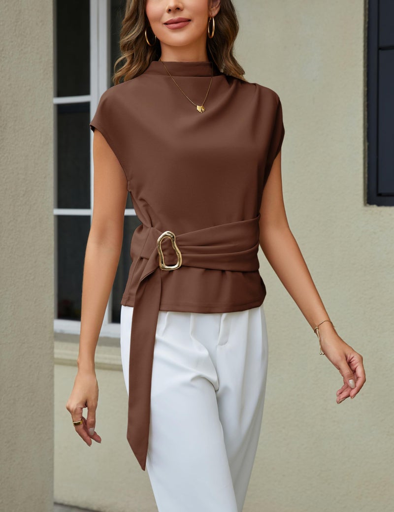 Yeokou Women Buckle Tie Top Stand Collar Belted Short Sleeve Elegant Dressy Spring Summer Business Casual Party Blouse(Brown-S) - Image 5