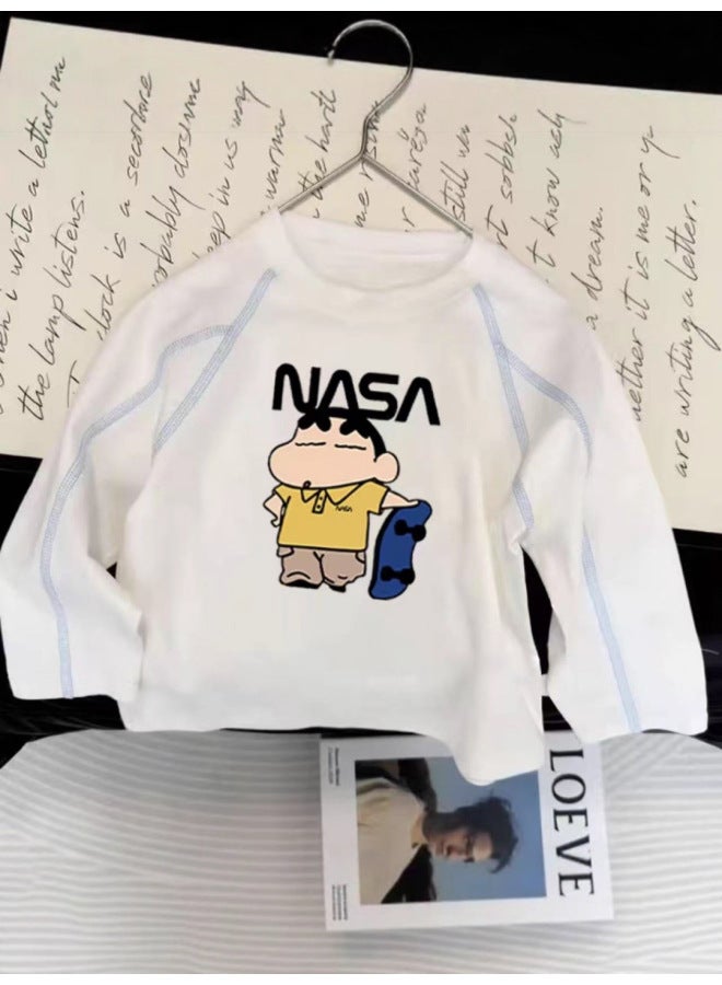 Children's Pure Cotton Round Neck Long-sleeved Boy's Spring & Fall Baby White New Simple Medium And Large Boy's Loose Bottoming Shirt - Image 2