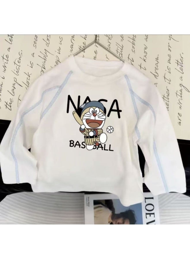 Children's Pure Cotton Round Neck Long-sleeved Boy's Spring & Fall Baby White New Simple Medium And Large Boy's Loose Bottoming Shirt - Image 1