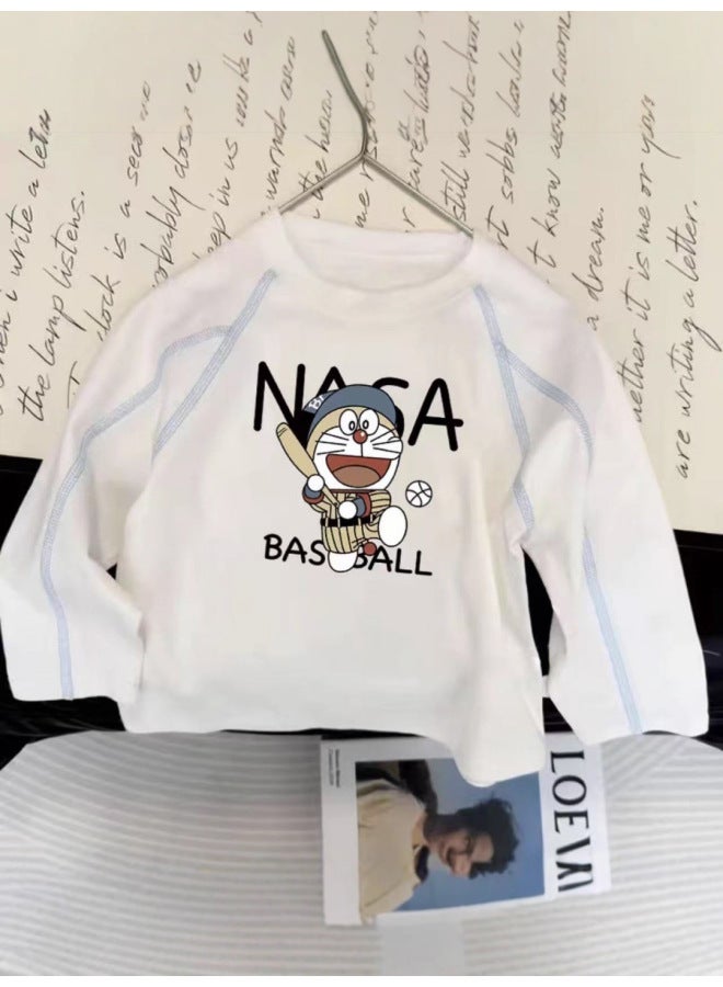 Children's Pure Cotton Round Neck Long-sleeved Boy's Spring & Fall Baby White New Simple Medium And Large Boy's Loose Bottoming Shirt - Image 3