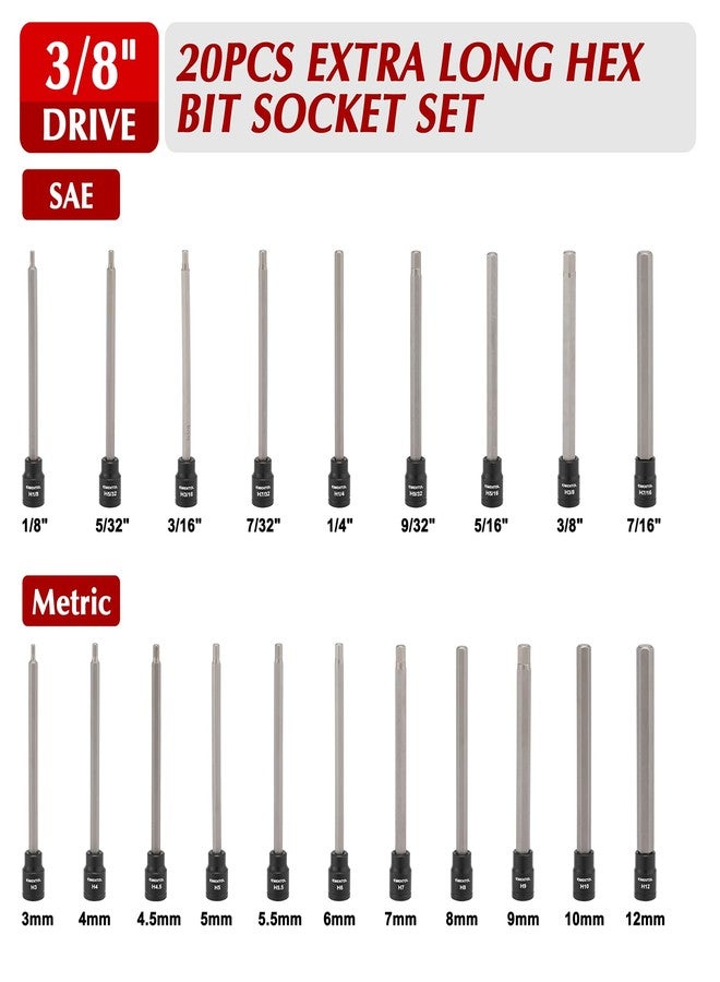 EMENTOL 20PCS 3/8-Inch Drive Hex Bit Long Socket Set, Allen Socket Set, CR-V, S2 Alloy Steel Bit, SAE/Metric, 3mm - 12mm, 1/8"-7/16" - Image 3