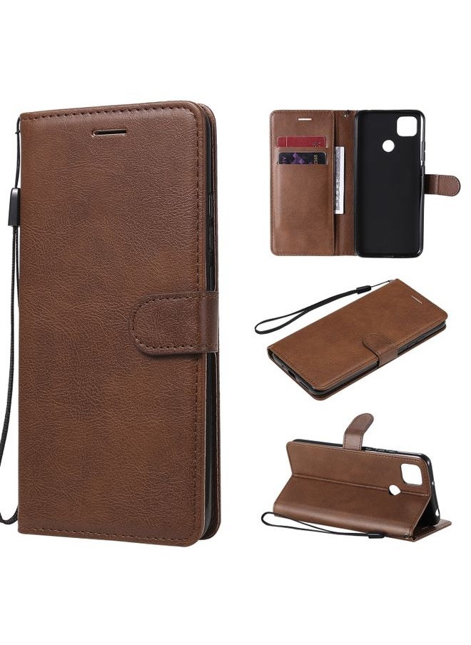 HuHa Case Cover For Xiaomi Redmi 9C Solid Color Horizontal Flip Protective Leather Case with Holder & Card Slots & Wallet & Photo Frame & Lanyard Brown 