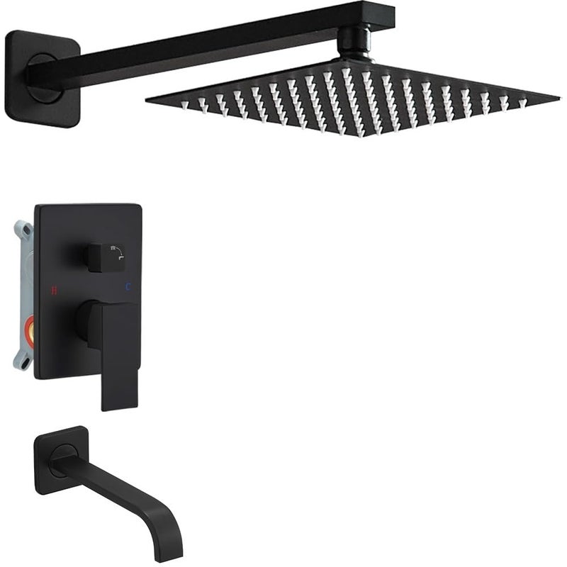 Heable Matte Black Shower Faucet Set with Tub Spout Bathroom Luxury Rain Mixer Shower Head System Wall Mounted Shower Faucet Complete Single Handle Tub and Shower Trim Kit with Roughin Valve