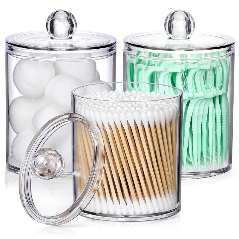 Aozita 3 Pack Acrylic Qtip Holder Dispenser for Cotton Ball, Cotton Swab, Cotton Round Pads, Floss - 10 oz Clear Plastic Apothecary Jar Set for Bathroom Canister Storage Organization, Vanity Makeup Organizer  - Image 1