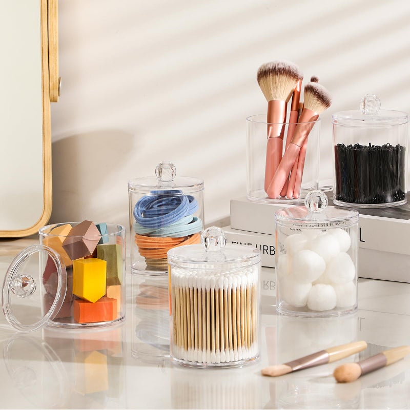 Aozita 3 Pack Acrylic Qtip Holder Dispenser for Cotton Ball, Cotton Swab, Cotton Round Pads, Floss - 10 oz Clear Plastic Apothecary Jar Set for Bathroom Canister Storage Organization, Vanity Makeup Organizer  - Image 3