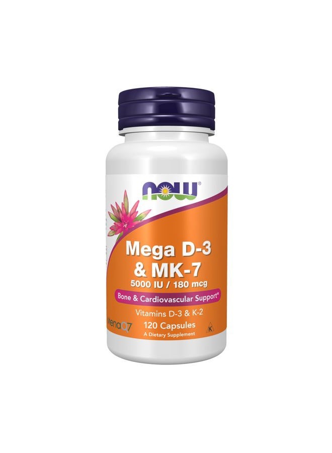now Supplements, Mega D-3 & MK-7, 5000 IU / 180 mcg, Bone & Cardiovascular Support*, Vitamins K-3 & K-2, 120 Capsules  - Image 1