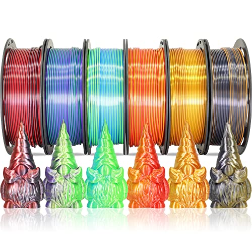 MIKA3D 6 Spools Bicolor Dual Color 1.75mm 3D Printer Filament Bundle, 3D Printing Silk PLA, Silk Black-Red/Purple-Green/Blue-Green/Red-Gold/Gold-Copper/Black-Orange, 3D Printing PLA 250g X 6 Spools - Image 1