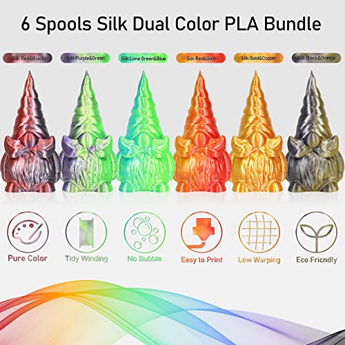 MIKA3D 6 Spools Bicolor Dual Color 1.75mm 3D Printer Filament Bundle, 3D Printing Silk PLA, Silk Black-Red/Purple-Green/Blue-Green/Red-Gold/Gold-Copper/Black-Orange, 3D Printing PLA 250g X 6 Spools - Image 3