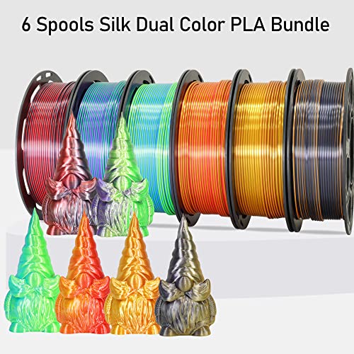 MIKA3D 6 Spools Bicolor Dual Color 1.75mm 3D Printer Filament Bundle, 3D Printing Silk PLA, Silk Black-Red/Purple-Green/Blue-Green/Red-Gold/Gold-Copper/Black-Orange, 3D Printing PLA 250g X 6 Spools - Image 2