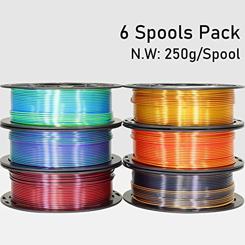 MIKA3D 6 Spools Bicolor Dual Color 1.75mm 3D Printer Filament Bundle, 3D Printing Silk PLA, Silk Black-Red/Purple-Green/Blue-Green/Red-Gold/Gold-Copper/Black-Orange, 3D Printing PLA 250g X 6 Spools - Image 4