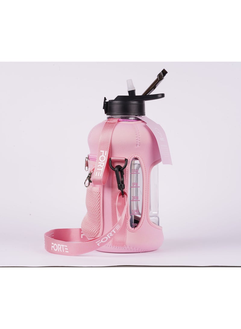 Forte Large Water Bottle Daily Water Bottle With Time Marker Bpa Free Bottle With Keyring Holder Water Storage Containers With Shoulder Strap Tumbler With Lid And Straw With Pouch (Pink) - Image 2