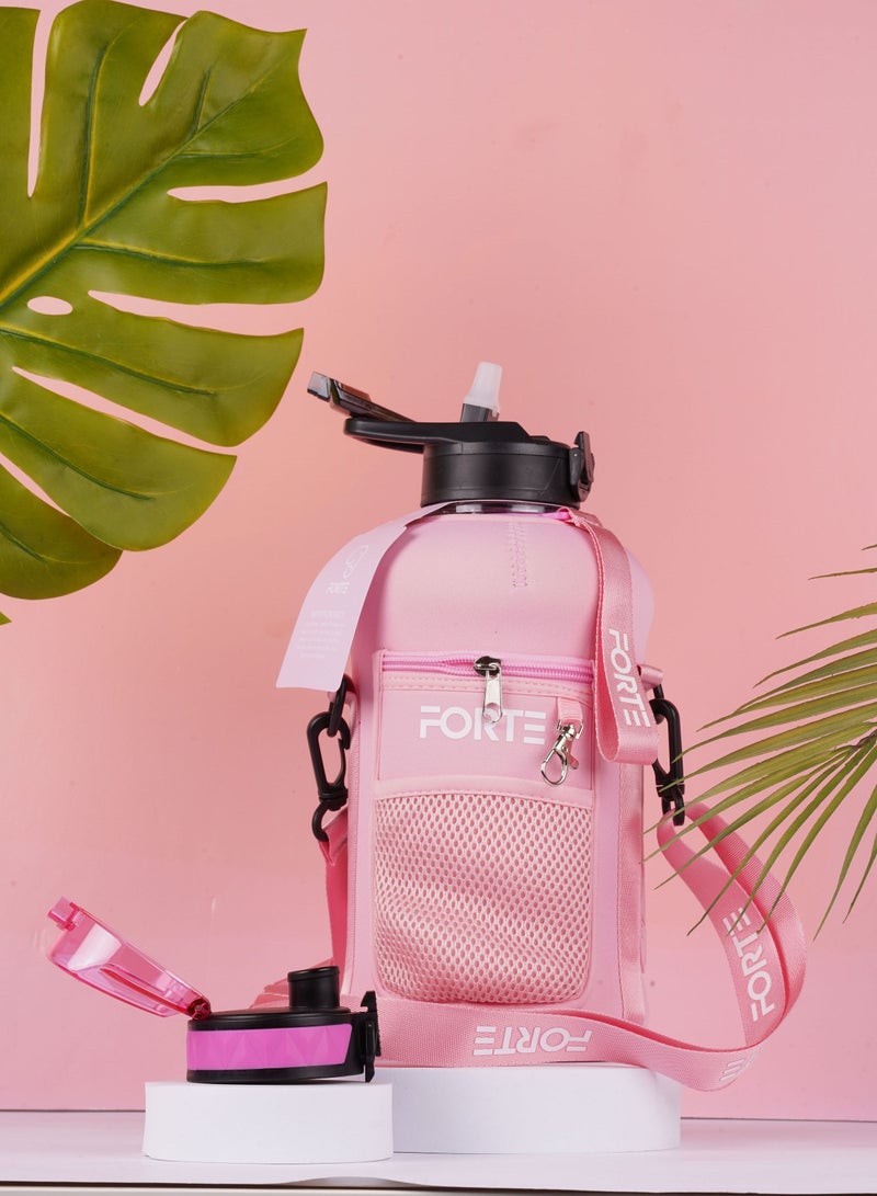 Forte Large Water Bottle Daily Water Bottle With Time Marker Bpa Free Bottle With Keyring Holder Water Storage Containers With Shoulder Strap Tumbler With Lid And Straw With Pouch (Pink) - Image 3
