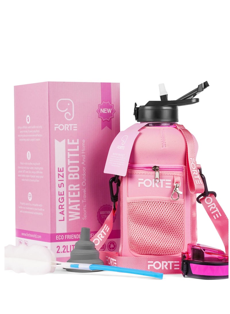 Forte Large Water Bottle Daily Water Bottle With Time Marker Bpa Free Bottle With Keyring Holder Water Storage Containers With Shoulder Strap Tumbler With Lid And Straw With Pouch (Pink) - Image 1