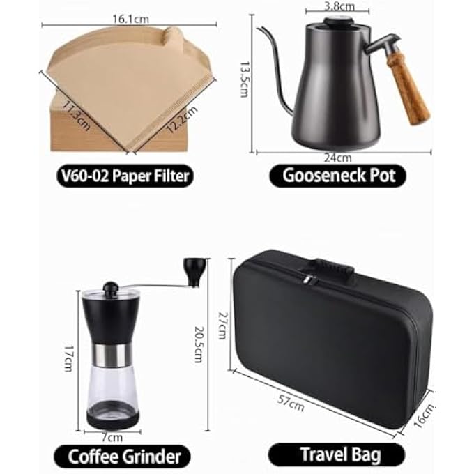 rayihni V60 Coffee Maker Gift Set Ceramic Coffee Grinder Dripper Filter Kettle Travel Bag Coffee Maker Set Portable Carry Case Stainless KettleCoffee Filter SetFor HomeTravelCamping Indoor Outdoor - Image 5