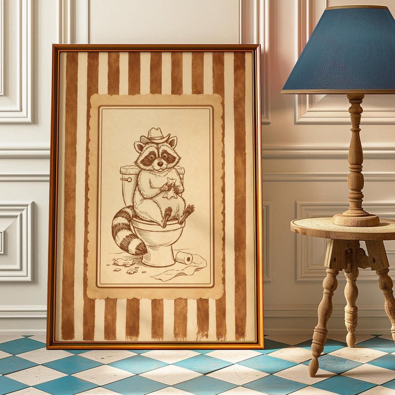 TNESSENTIAL Raccoon on Toilet Poster, Funny Bathroom Wall Art, Vintage Cowboy Raccoon Print, Quirky Powder Room Decor - Image 1