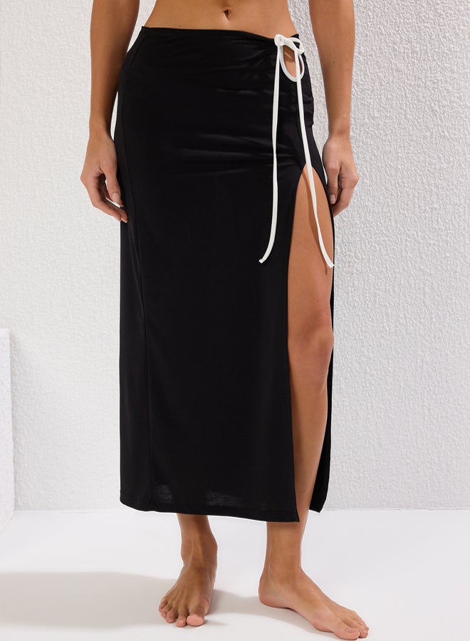 trendyol Black Maxi Knitted Slit Tie Detail Beach Skirt  - Image 3