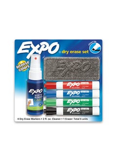 EXPO Low Odor Dry Erase Marker Set with White Board Eraser and Cleaner, Chisel Tip Dry Erase Markers, Assorted Colors, 6 Piece Set with Whiteboard Cleaner