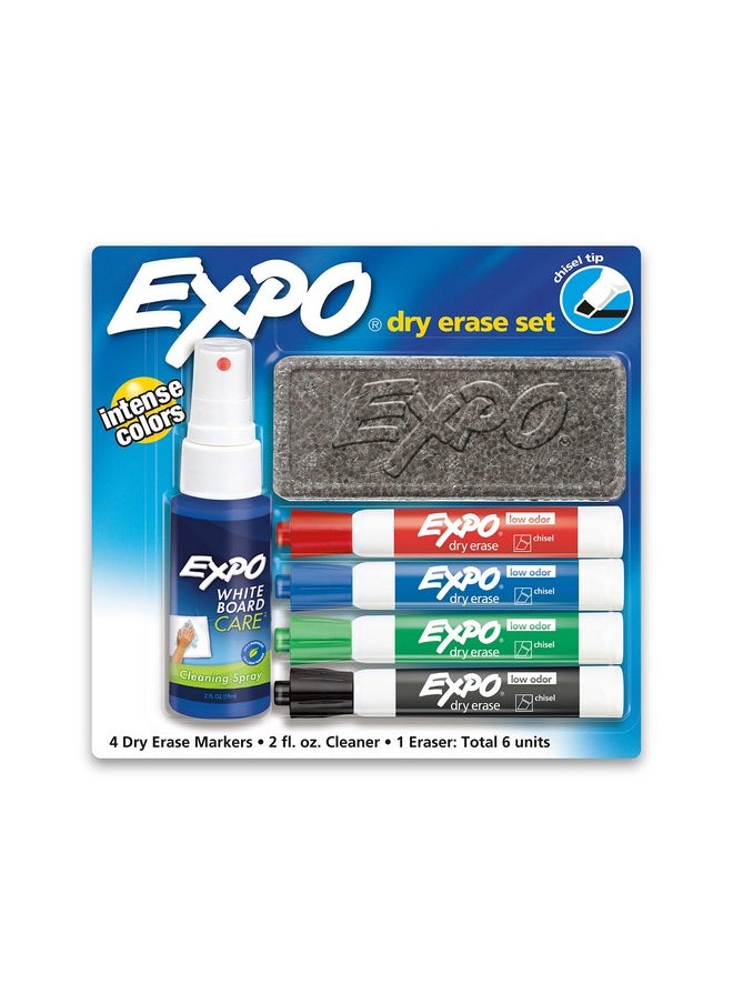 Expo EXPO Low Odor Dry Erase Marker Set with White Board Eraser and Cleaner, Chisel Tip Dry Erase Markers, Assorted Colors, 6 Piece Set with Whiteboard Cleaner  - Image 1