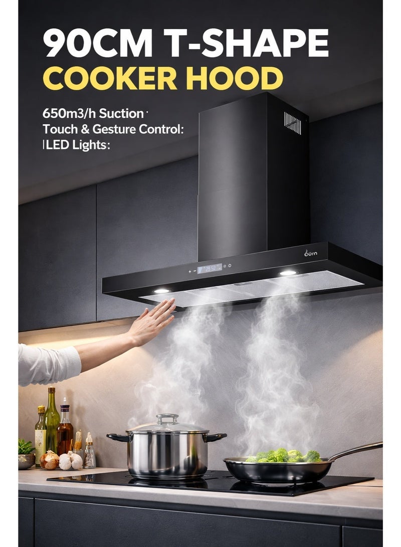 BURN 90CM T-Shape Cooker Hood Black | 650m³/h Suction | Stainless Steel 430 | Touch & Gesture Control | LED Lights - Image 2