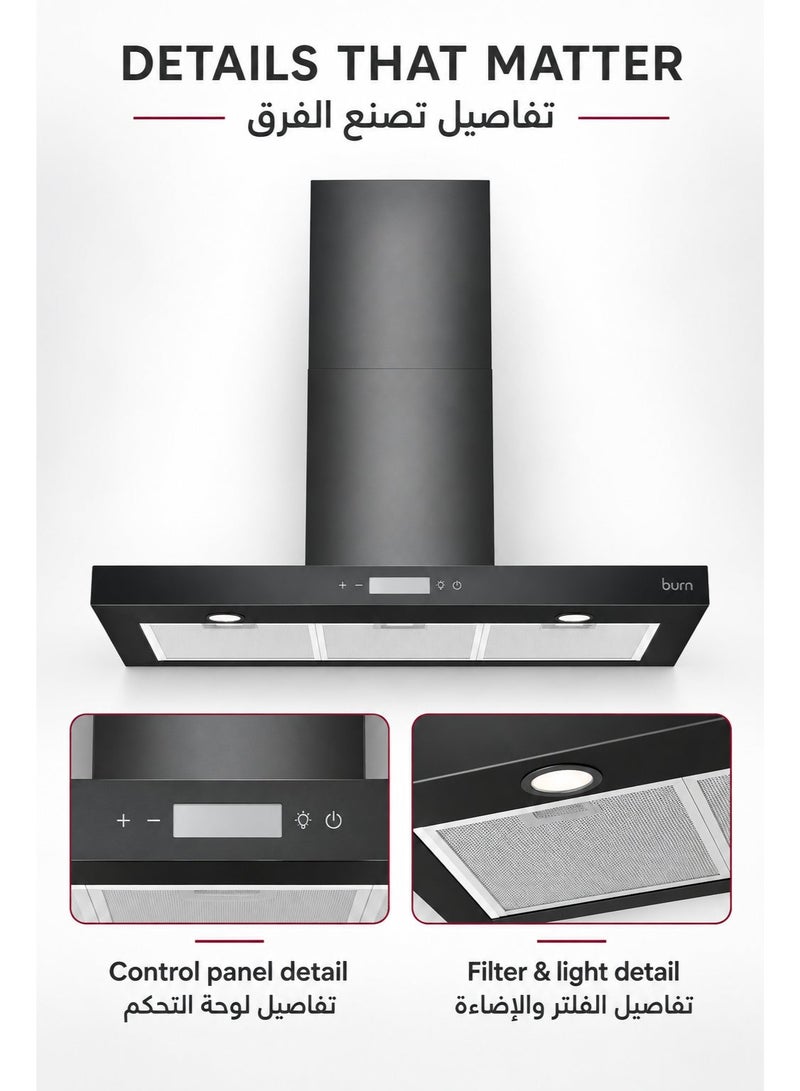BURN 90CM T-Shape Cooker Hood Black | 650m³/h Suction | Stainless Steel 430 | Touch & Gesture Control | LED Lights - Image 3
