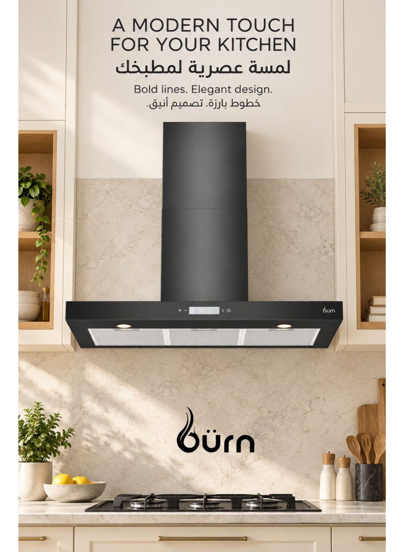 BURN 90CM T-Shape Cooker Hood Black | 650m³/h Suction | Stainless Steel 430 | Touch & Gesture Control | LED Lights - Image 1