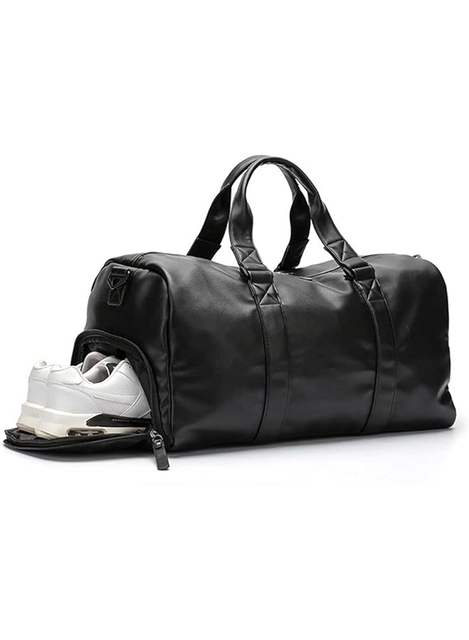 PROMASS حقيبة رياضية، حقيبة تدريب رياضية على الكتف، حقيبة لياقة بدنية للرجال والنساء من مادة PU مقاومة للماء بسعة كبيرة مع حجرة للأحذية وحقيبة للفصل بين الرطب والجاف (أسود) - Image 1