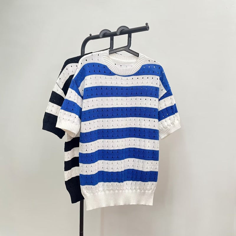Light mature summer round neck short sleeve sweater men's summer Korean style loose casual striped half sleeve knitted T-shirt - Image 1
