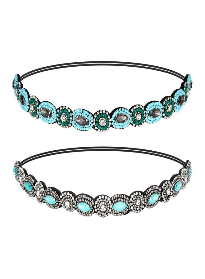 Amariver Headband for Women 2 Pieces Rhinestone Beaded Headbands Blue and Green Crystal Hairbands Elastic Hair Bands Sparkly Head Band Fashion Hair Accessories for Woman Girls - Image 1