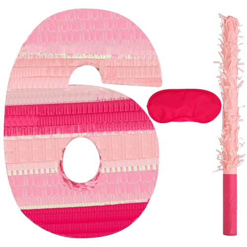 Birchio Pinks Number 6 Pinatas Bundle with a Blindfold and Bat162 x 11 x 4 Inches Perfect for Boys and Girls Birthday Party Supplies Pink Theme Birthday Decoration Pink Number 6 - Image 1