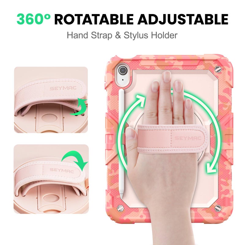 SEYMAC Case for iPad (A16) 11th/10th Generation 2025/2022 (11â€³/10.9â€³), Heavy Duty Full-Body Shockproof Protective Case with Screen Protector, Rotating Stand, Hand/Shoulder Strap, Multicolor/Pink - Image 3