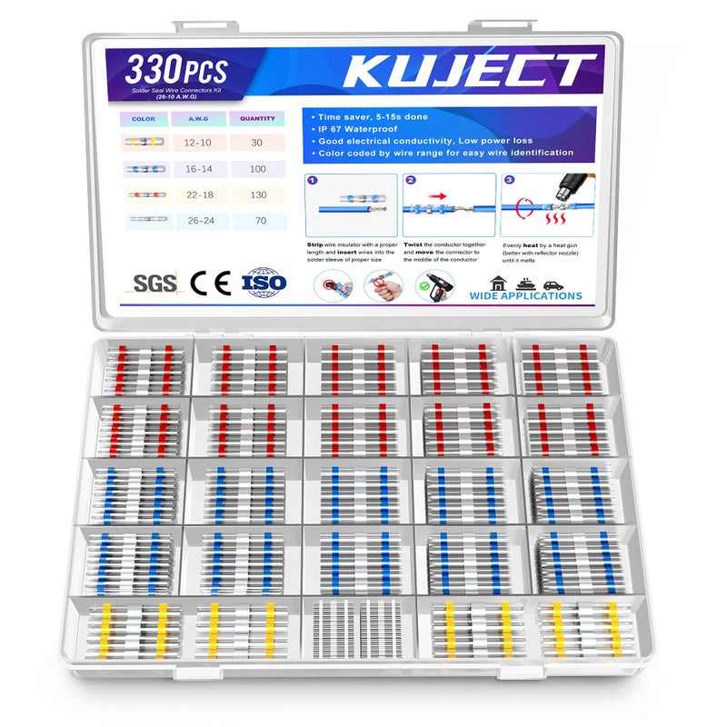 Kuject 330PCS Solder and Seal Butt Connectors Kit, Self-Solder Heat Shrink Wire Connectors, Waterproof and Insulated Electrical Butt Splice for Marine Automotive Aircraft Boat Truck Wire Joint - Image 1