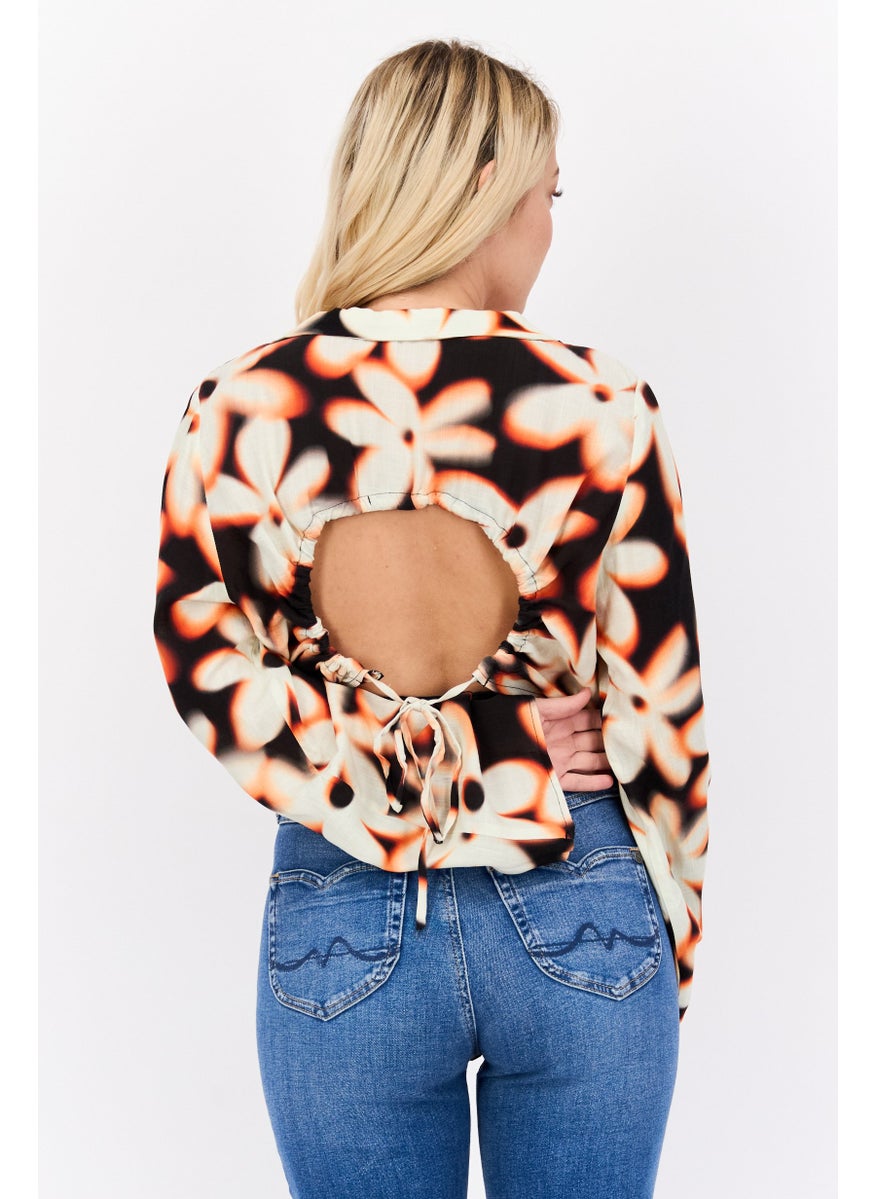Bershka Women Spread Collar Long Sleeve Allover Print Blouse, Multicolor  - Image 3