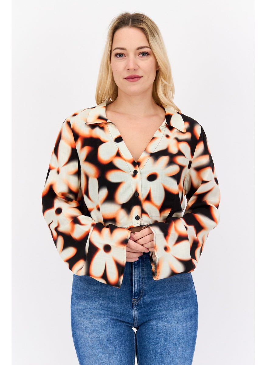 Bershka Women Spread Collar Long Sleeve Allover Print Blouse, Multicolor  - Image 1