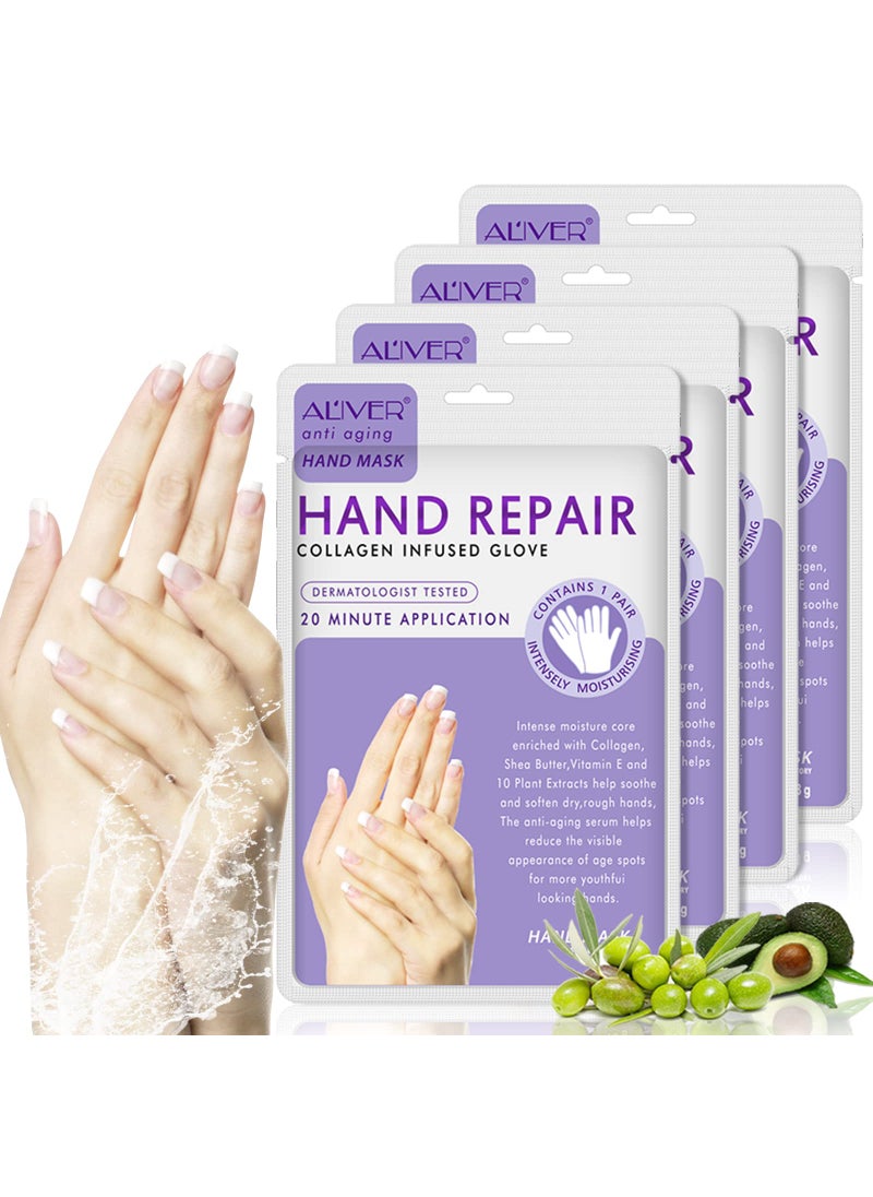 AIQIUSHA AIQIUSHA 4 Pack Hands Moisturizing Gloves, Hand Spa Mask Infused Collagen, Serum + Vitamins + Natural Plant Extracts for Dry, Cracked Hands, Moisturizer Hands Mask, Repair Rough Skin for Women&Men 