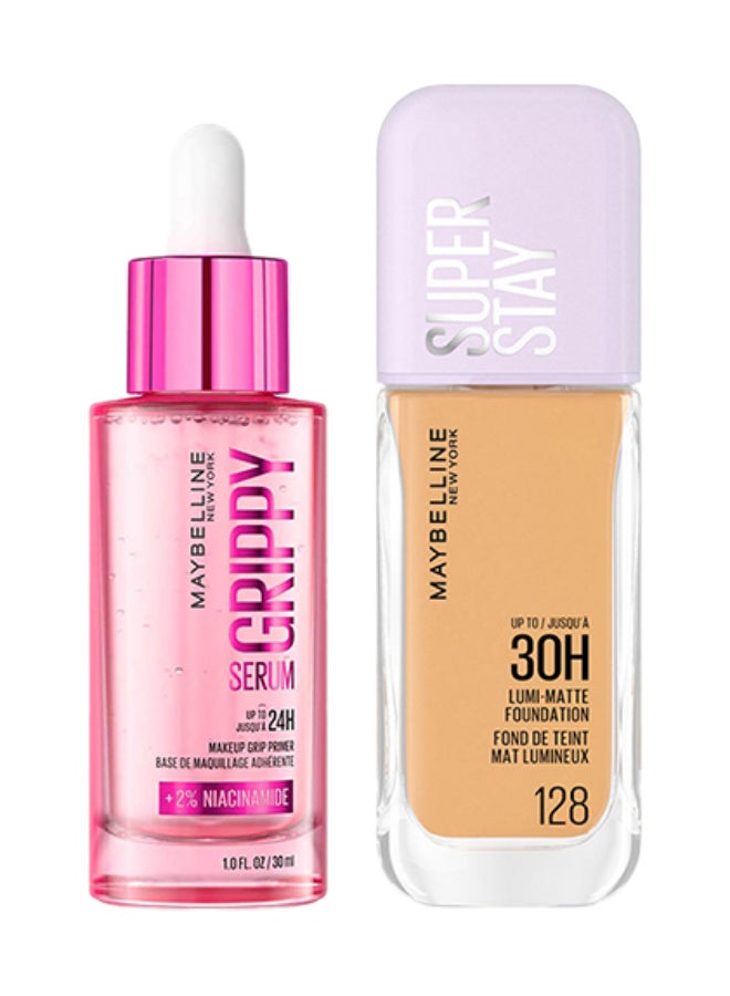 Maybelline New York Grippy Makeup Serum Primer 30ml + Superstay 30H Lumi Matte Foundation 128 - Image 1