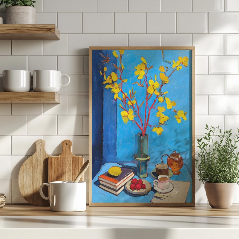 TNESSENTIAL Breakfast Table with Vibrant Yellow Flowers Canvas Poster Poster or Canvas Print, Teapot, Books, and Fruits Stille Life, Cozy Kitchen Decor - Image 1