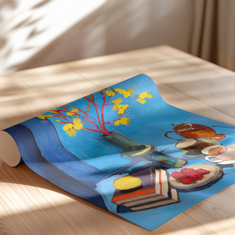 TNESSENTIAL Breakfast Table with Vibrant Yellow Flowers Canvas Poster Poster or Canvas Print, Teapot, Books, and Fruits Stille Life, Cozy Kitchen Decor - Image 2