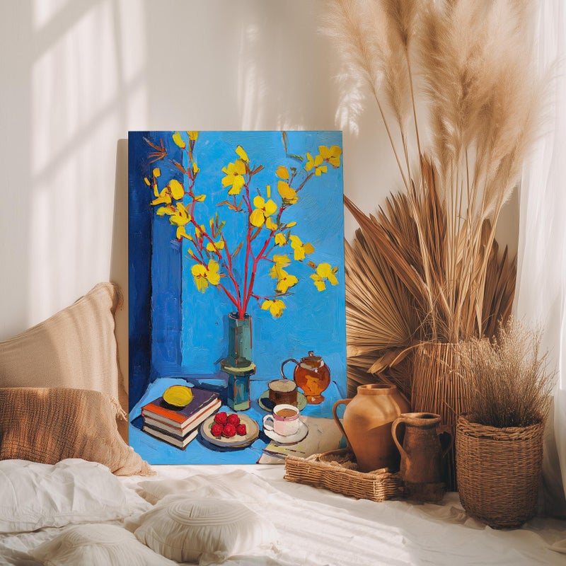 TNESSENTIAL Breakfast Table with Vibrant Yellow Flowers Canvas Poster Poster or Canvas Print, Teapot, Books, and Fruits Stille Life, Cozy Kitchen Decor - Image 4