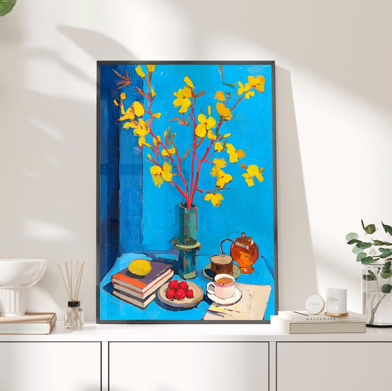 TNESSENTIAL Breakfast Table with Vibrant Yellow Flowers Canvas Poster Poster or Canvas Print, Teapot, Books, and Fruits Stille Life, Cozy Kitchen Decor - Image 3