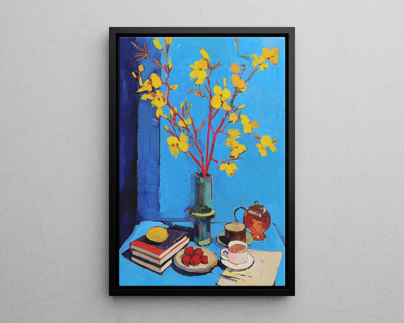 TNESSENTIAL Breakfast Table with Vibrant Yellow Flowers Canvas Poster Poster or Canvas Print, Teapot, Books, and Fruits Stille Life, Cozy Kitchen Decor - Image 5