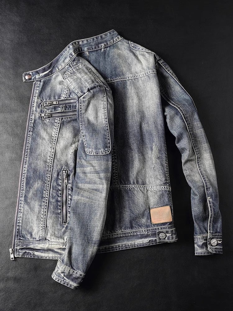 جاكيت دنيم رجالي كاجوال مغسول بتصميم ريترو خريفي أزرق - Image 1