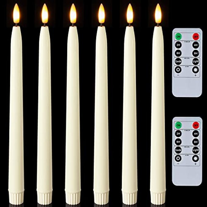 11 INCHES WAXY FLAMELESS TAPER CANDLES WITH REMOTE TIMER DIMMER 6 PCS BATTERY OPERATED TAPER CANDLES WITH FLICKERING FLAME IVORY LED CANDLESTICKS FOR WEDDING CHRISTMAS INDOOR DECORATION