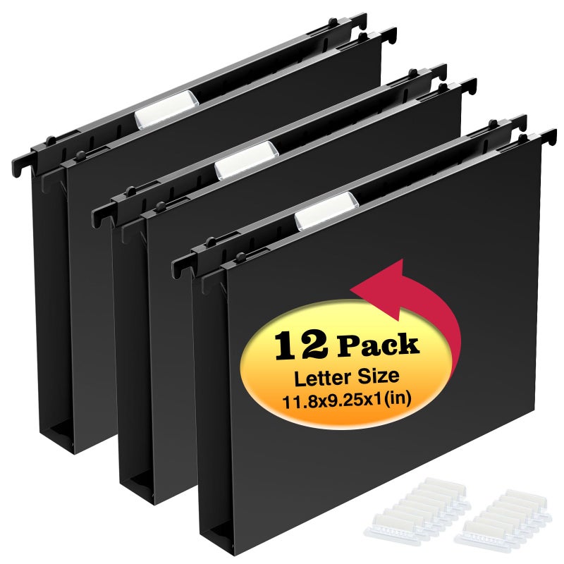 SHUTEX Extra Capacity Plastic Hanging File Folders,12 Pack Reinforced Hang Folder,Heavy Duty 1 Inch Expansion,Filing Cabinet Folders Letter Size for Bulk Files/Medical Charts (No Sealed, Black) - Image 1