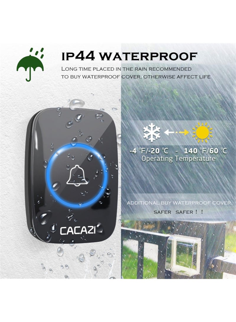 CACAZI This Black Waterproof Wireless Doorbell Features an LED Flashlight, An Effective Range of over 1000 Feet, 60 Ringtones, 5-Level Volume Adjustment, And Is Suitable for Homes, Offices, Apartments, Hotels, Warehouses, And Other Locations. It Also Has Anti-Theft Functionality. - Image 3