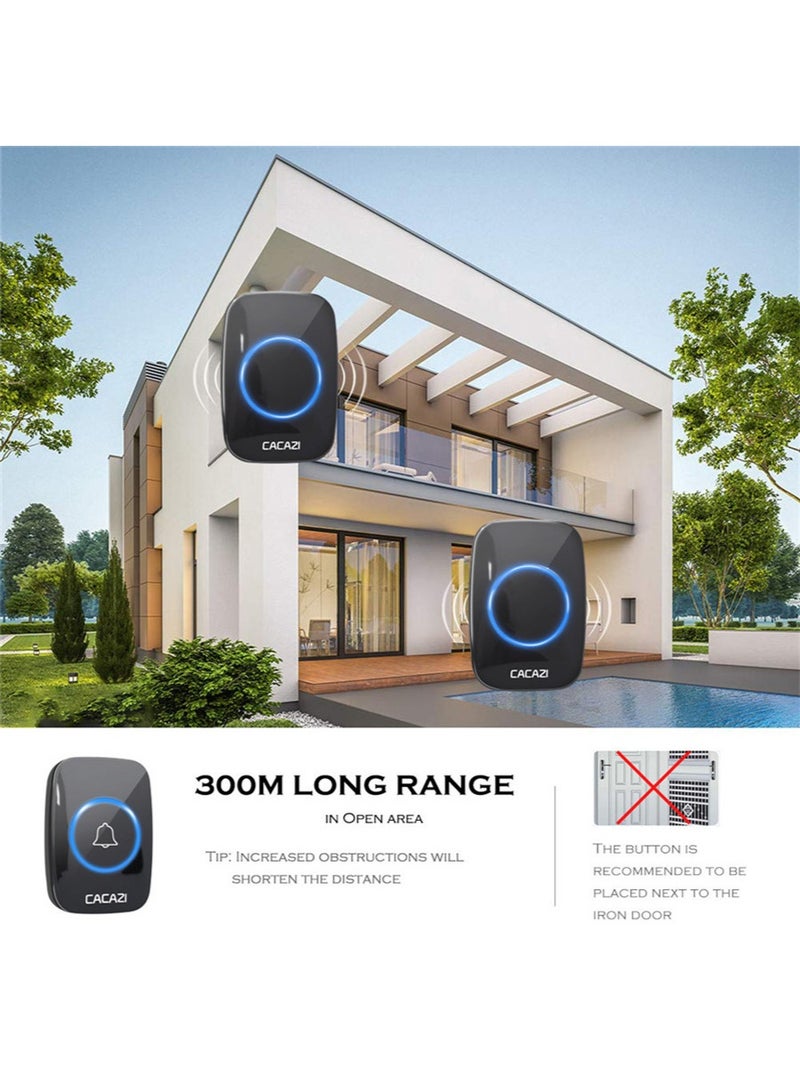 CACAZI This Black Waterproof Wireless Doorbell Features an LED Flashlight, An Effective Range of over 1000 Feet, 60 Ringtones, 5-Level Volume Adjustment, And Is Suitable for Homes, Offices, Apartments, Hotels, Warehouses, And Other Locations. It Also Has Anti-Theft Functionality. - Image 5