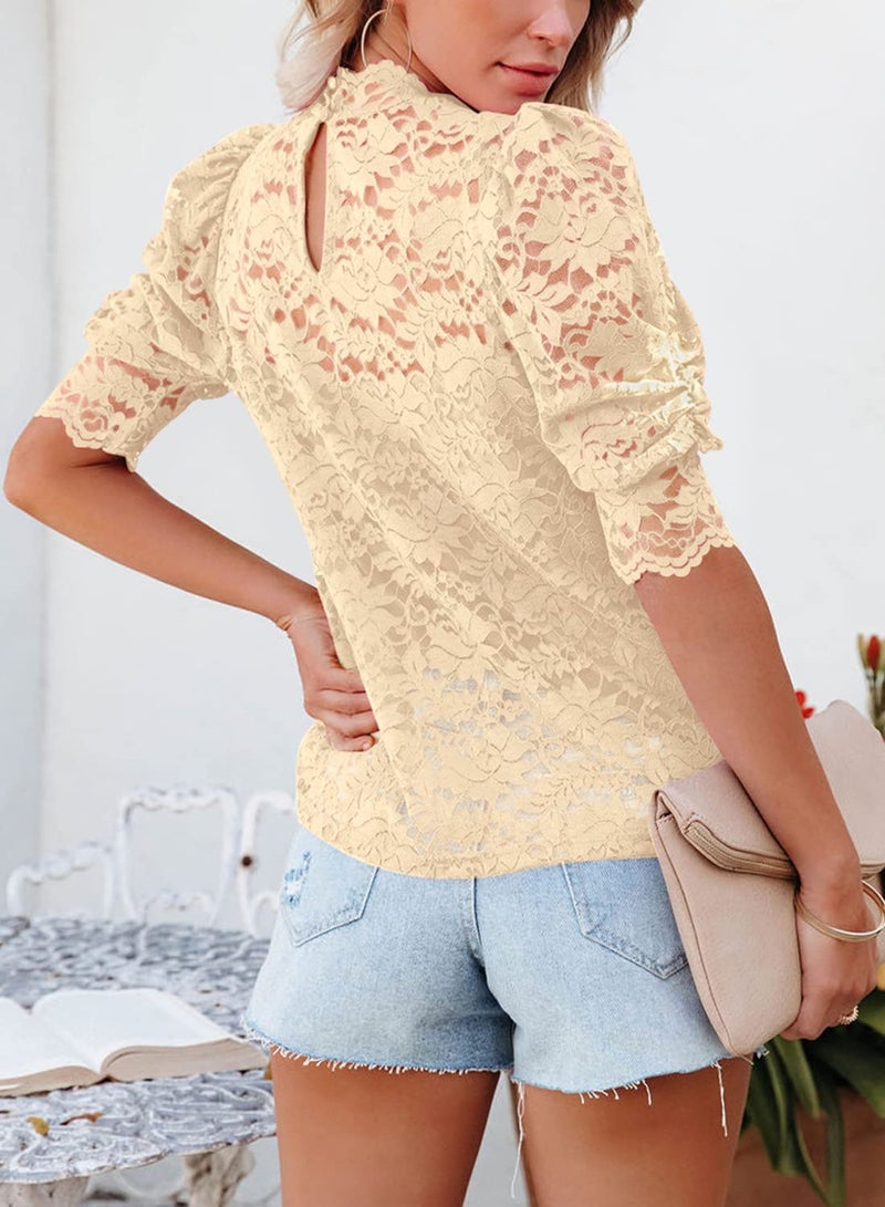 DOROSE Lace Tops for Women Short Sleeve Lace Double Layer Shirt for Business Casual Blouse Beige S - Image 4