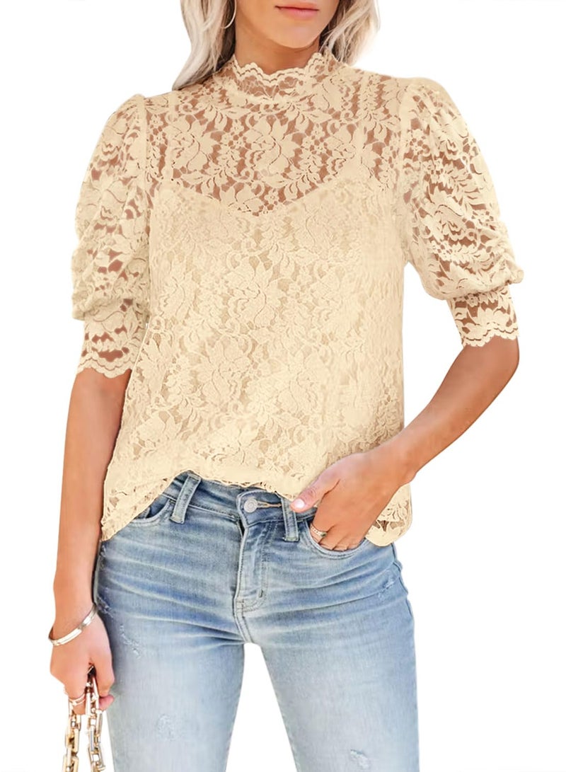 DOROSE Lace Tops for Women Short Sleeve Lace Double Layer Shirt for Business Casual Blouse Beige S - Image 1