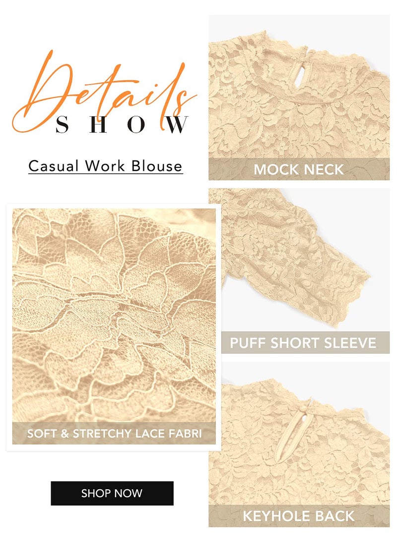 DOROSE Lace Tops for Women Short Sleeve Lace Double Layer Shirt for Business Casual Blouse Beige S - Image 5