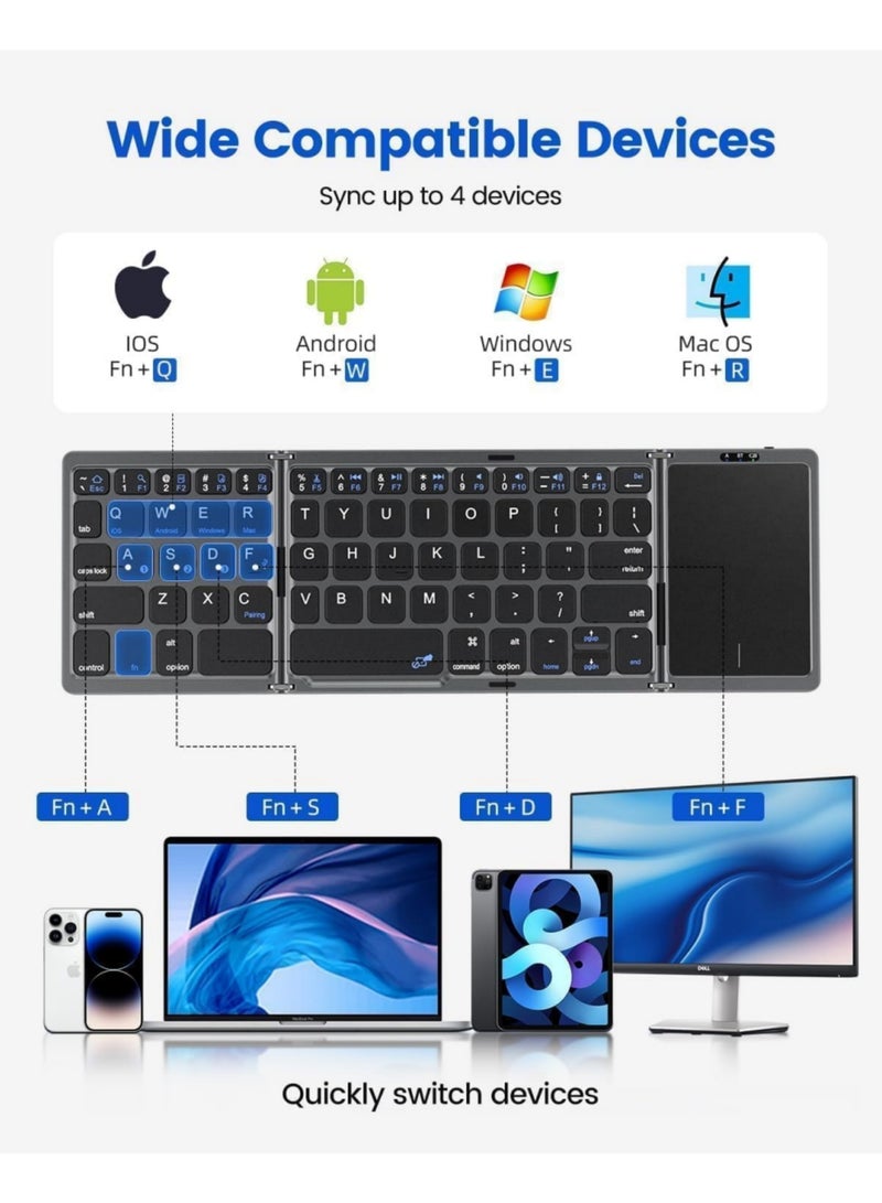 اووكاي لوحة مفاتيح بلوتوث قابلة للطي باللغتين العربية والإنجليزية مع لوحة لمس، لوحة مفاتيح محمولة لاسلكية قابلة لإعادة الشحن، لوحة مفاتيح سفر بحجم الجيب ثنائية الوضع تعمل بتقنية بلوتوث/يو إس بي سلكية لأجهزة آي أو إس، أندرويد، ويندوز، ماك أو إس (رمادي فضائي) - Image 2