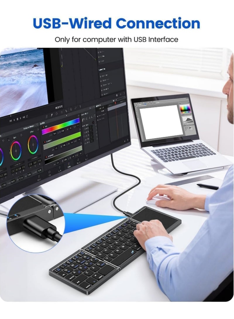 اووكاي لوحة مفاتيح بلوتوث قابلة للطي باللغتين العربية والإنجليزية مع لوحة لمس، لوحة مفاتيح محمولة لاسلكية قابلة لإعادة الشحن، لوحة مفاتيح سفر بحجم الجيب ثنائية الوضع تعمل بتقنية بلوتوث/يو إس بي سلكية لأجهزة آي أو إس، أندرويد، ويندوز، ماك أو إس (رمادي فضائي) - Image 5